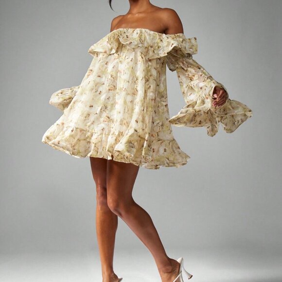 Yellow Boho Women's Chiffon Off Shoulder Floral Ruffle Bell Sleeve Mini Dress - Picture 4 of 6